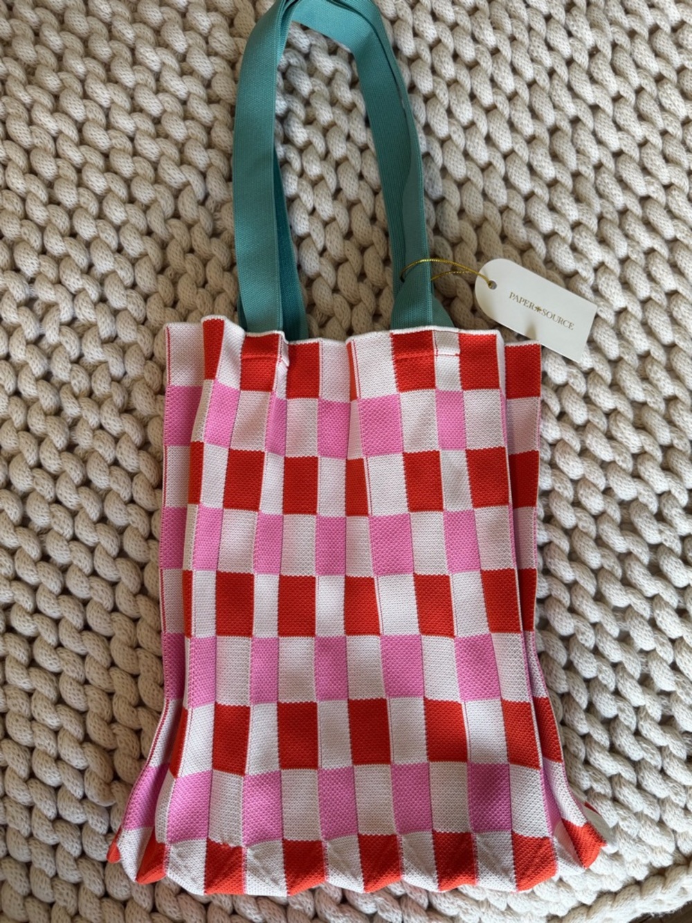 NWT Paper Source Pink, Red & Teal Checkered Tote